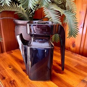 Vintage MCM Stoneware Pitcher Glossy Black Pottery Barware Sculptural 8.5”